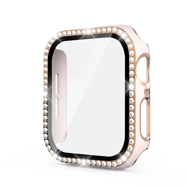 Bling Glass+ deksel for Apple Watch Case 45mm 41mm 40mm 44mm 42mm 38mm Diamant støtfanger+skjermbeskytter iwatch serie 7 9 8 5 6 SE A rosa ro A rosa ro