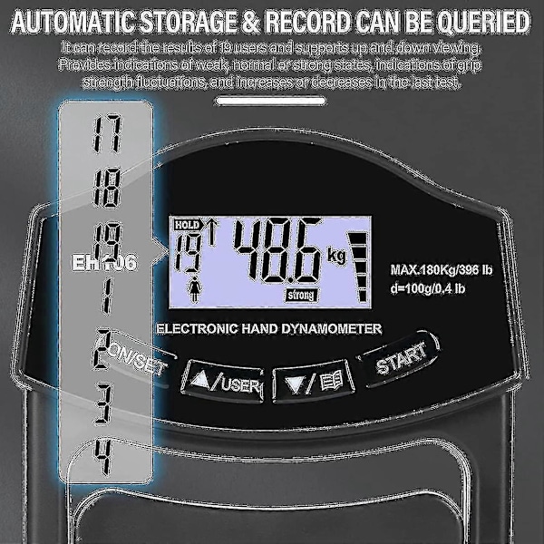 Caraele Greppstyrketestare, 180 kg Digital Handdynamometer Greppstyrkemätare USB LCD-skärm Hand