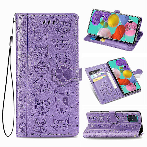 Fodral för Samsung Galaxy A71 4G Flip Wallet Präglad Omslag Etui Housse Katt Hund Mönster - Lila