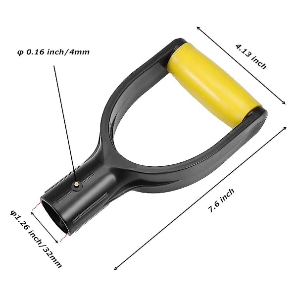 Spadehåndtak i plast med D-grep, 32 mm indre diameter, spadehåndtak for snø, spade for snøskuffing (gul)