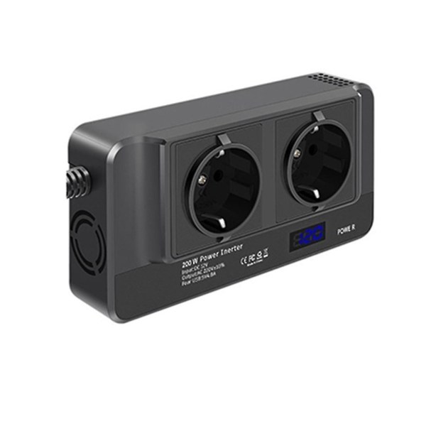 200W Bilinverter, Spänningsomvandlare 12V till 220V med Smart Tidvisning LCD, 2 Uttag och 4 USB-C
