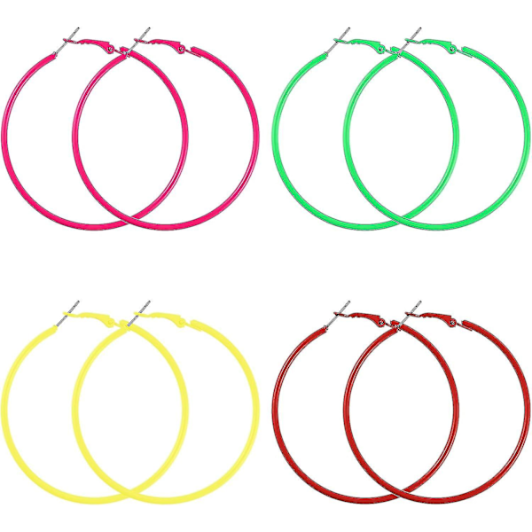 4 Par 80-tals Örhängen för Kvinnor och Flickor, 4 Färger 90-tals Retro Neon Hoop Party Hängande Örhängen Tillbehör för Kvinnor Färgglada Stora Hoop Örhängen