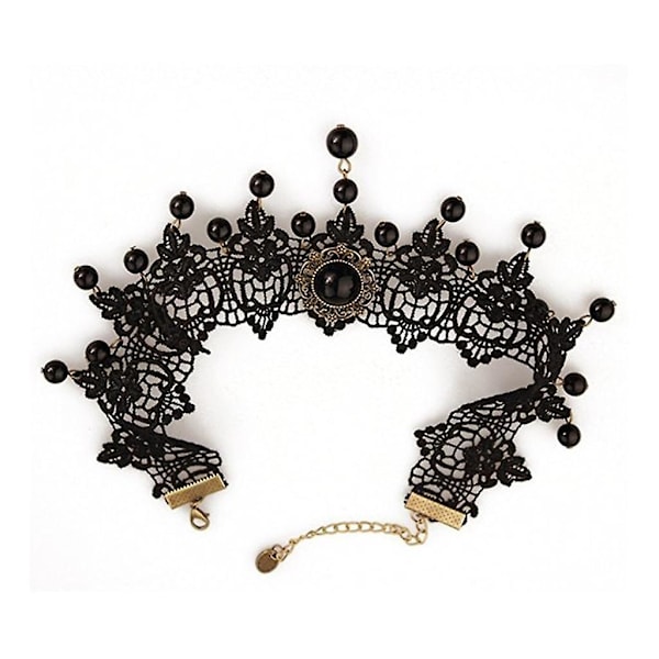 Dame Gotisk Steampunk Blomst Sort Blonde Perler Vedhæng Krave Choker Halskæde
