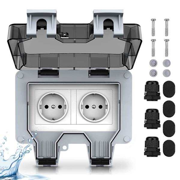 Utvendig stikkontakt, elektrisk, vanntett, veggkontakt med dobbel bryter, beskyttelsesklasse IP66, for hage og garasje