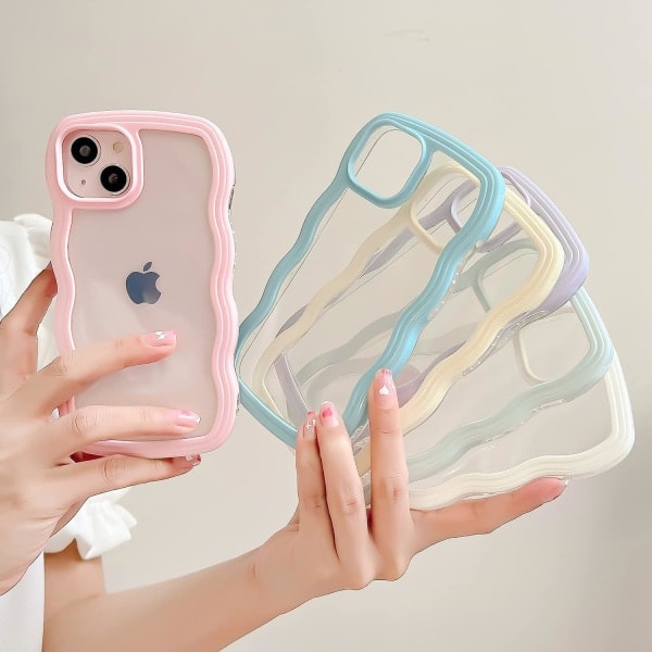 Kompatibel med iPhone 15 Plus Etui, Transparent Søt Krøllete Enkel Bølge Etui Estetisk Design Bumper for Jenter Kvinner Myk TPU Etui - Rosa