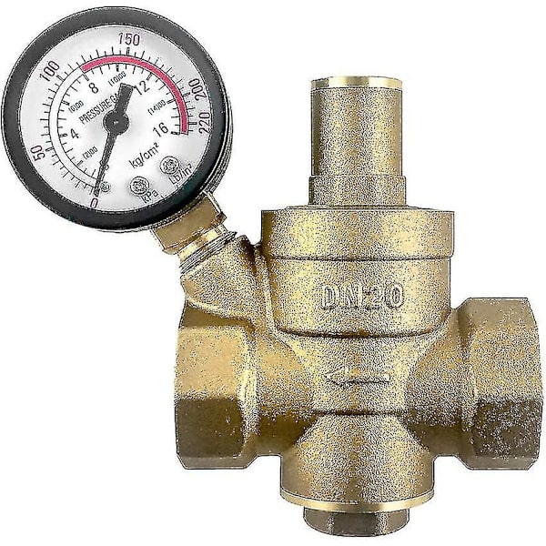 Vattentrycksregulator i mässing - Justerbar tryckreduceringsventil med mätare 3/4&#34;, och inloppssilfilter Dn20 mässingsvattentrycksreducerare med