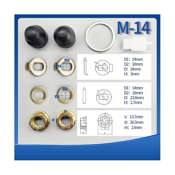 M14 2Set Ebike Hjulmotoraxel 14mm Axelskruvlockbricka/Distans/Mutterkåpa E-Cykel Hjul Lås för
