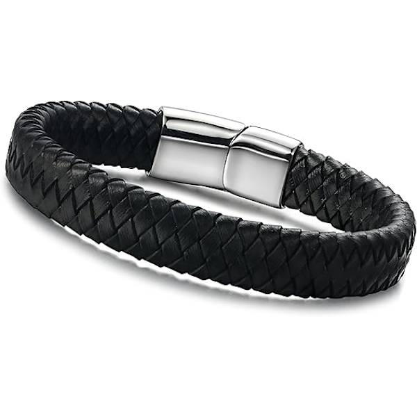 Flettet læderarmbånd mænds armbånd trendy uden stålspænde. 1 stk, sort