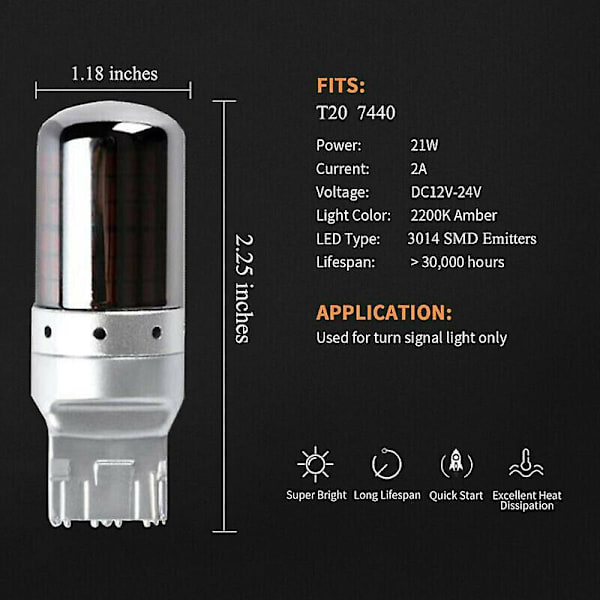 2 stk Krom 7440 T20 144SMD Canbus Gratis LED Pære Blinklys