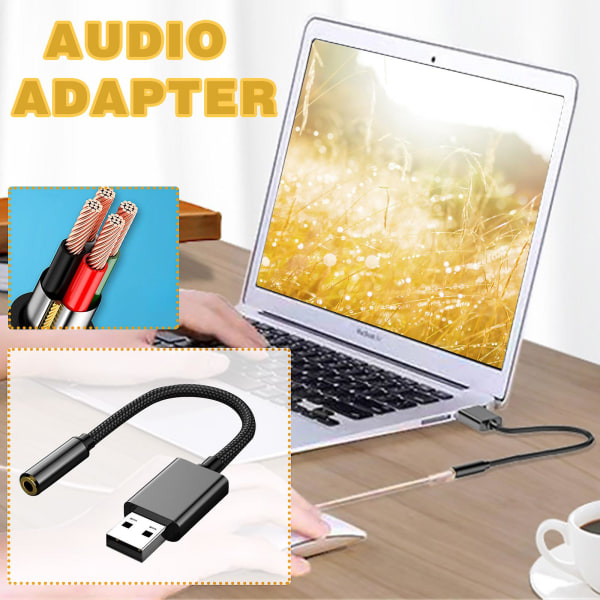 USB til 3,5 mm lydkontakt Adapter USB til AUX Lydkontakt Ekstern Stereo Lydkort for Hodetelefoner Høyttaler for PS4 for PS5, PC, Bærbar PC, Stasjonære PCer