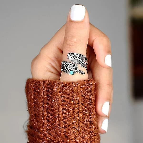 Boho Fjäder Turkos Justerbar Ring, Silver Bred Naturblad Ring, Tumring För Kvinnor Män, Vintage Rostfritt Stål Fjäder Wrap Ring, Manschett Ring Fo