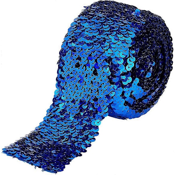 5,5 meter Blå Paljettband 7,4 cm Brett Elastiskt Paljettband 8 Rader Paljett Rulle Glitter Stretchband Platt Paljettremsa Spets DIY Sömnad