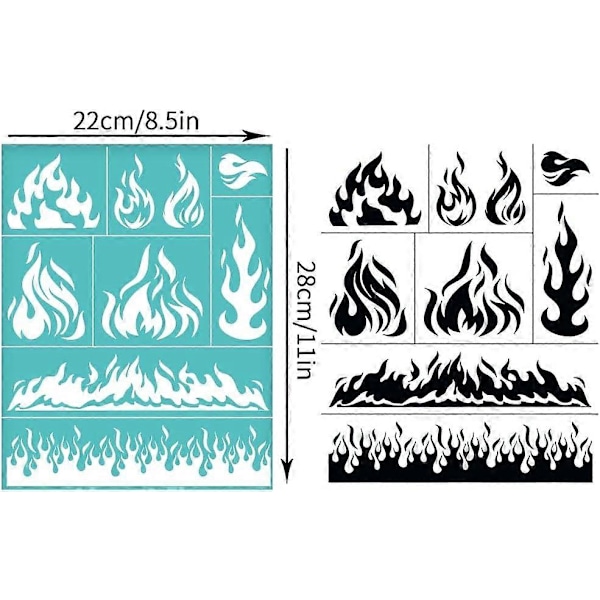 2 st 8,6x11 tum Eld Tema Självhäftande Silkskärmstryck Schablon Flamma Eld Silkskärmstryck Schablon Återanvändbar Mask Schabloner Överföring för DIY T-shirt