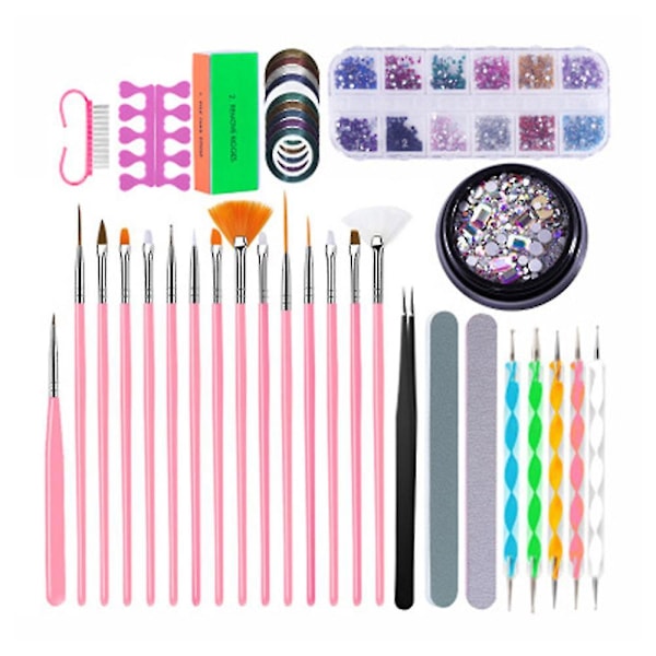Nagelkonstkit Nagelkonstborstar Nagelprickverktyg Nagelstrimmor Rhinestones Kristaller Nagelfilset För Kvinnor