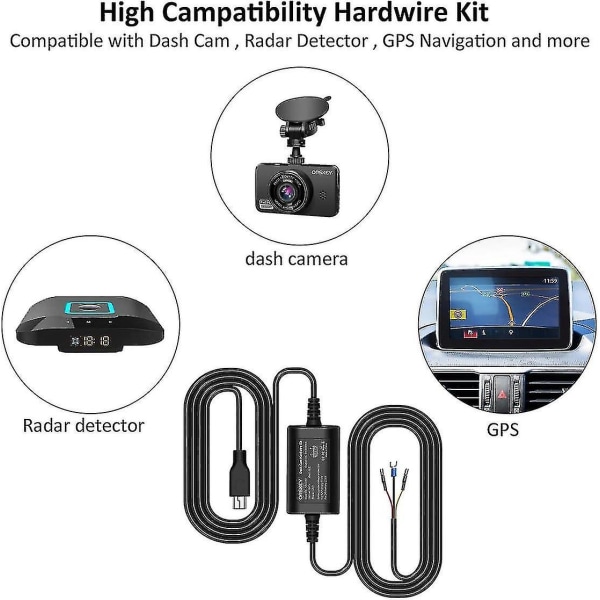 Orskey Dash Cam Hardwire Kit Mini USB 12v 24v till 5v Car Dash Camera Hard Wire Kit med riktigt lågspänning och sjufaldigt säkerhetsskydd