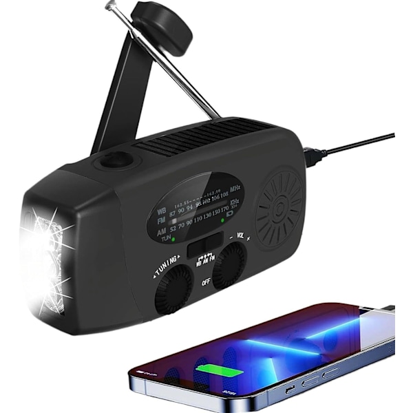 Nödradio, Bärbar Vevarradio med Solceller och AM/FM-funktion, med 2000 mAh Uppladdningsbart Strömförsörjning, SOS-Siren, LED-ficklampa