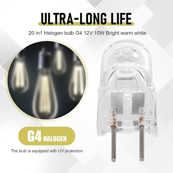 20 kpl Halogenipolttimoita G4 12v 10w Kirkas Lämmin Valkoinen