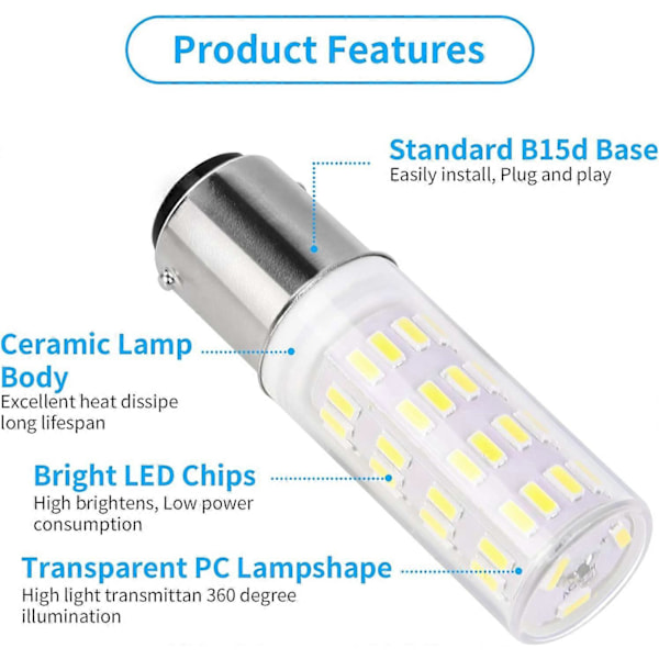 Ba15d 5W LED Pære AC/DC 12V-24V, Bajonet Dobbelt Kontakt Pære, 50W Ækvivalent Kold Hvid 6000K, til 12V-24V Apparatlamper, Pakke med 2.
