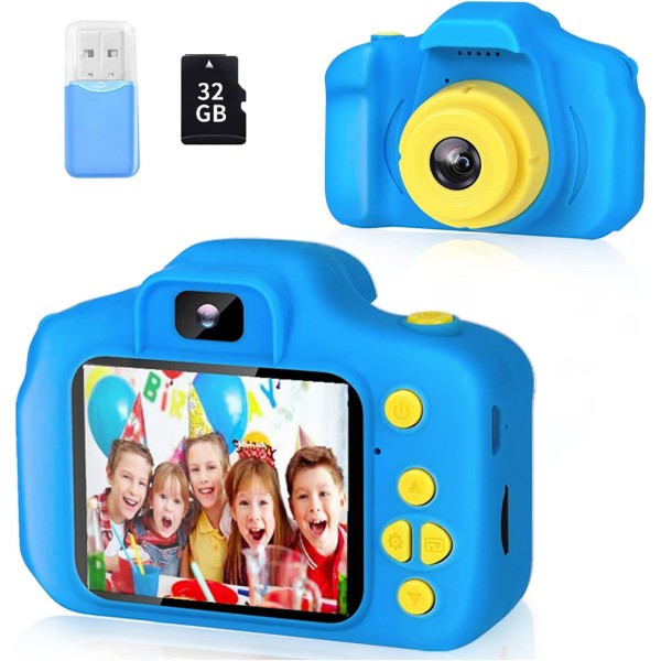 Digitalkamera för barn, 1080P 2,0-tums HD selfie-video barnkamera, perfekt present för pojkar och flickor, med 32 GB TF-kort, kortläsare