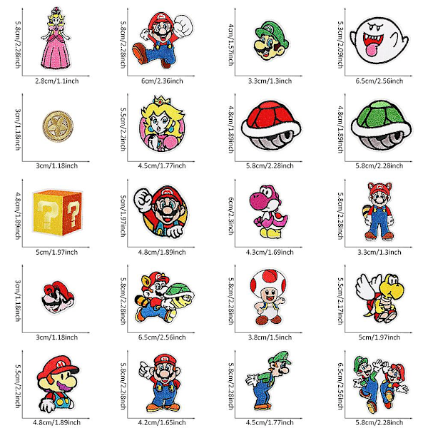 20 stk Strykejern-på-lapper, Mario Bros Broderte Applikasjonslapper Sy-på Strykejern-på-lapper Dekorasjonslapper for Klær, Jakke, Sko, Veske, Caps