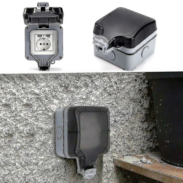 Dubbel vägguttag utomhus med USB, vattentätt, kraftigt, eluttag med väggbox (enkel)