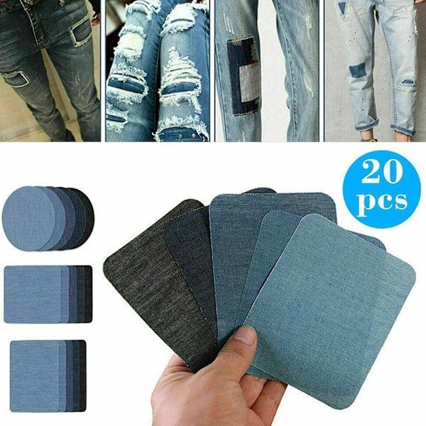 20 stk Strykejern-på-lapper Jeanslapper Denim Stofflapper Syfrie Reparasjonslapper for Knebukser 4 Størrelser