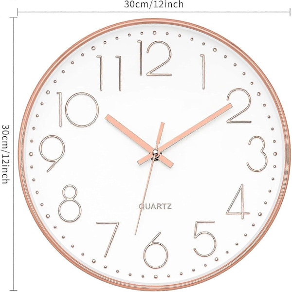 Modern Väggklocka 30 cm Tyst Icke-Tickande Batteridriven Rund Quartz Roséguld Väggklocka