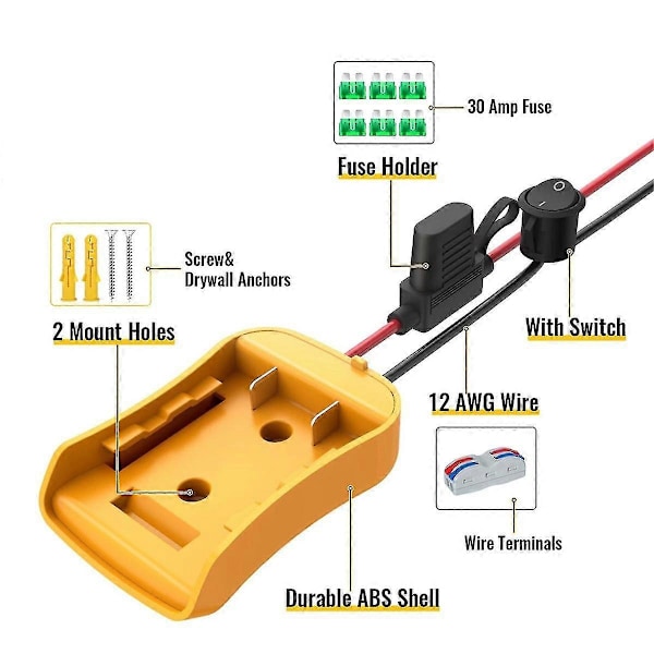 Power Wheels Adapter for 20V Batteri, Power Wheels Batterikonvertersett med Sikring, Bryter, Ledningsklemmer