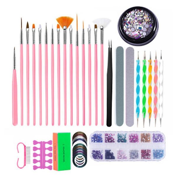 Nagelkonstkit Nagelkonstborstar Nagelprickverktyg Nagelstrimmor Rhinestones Kristaller Nagelfilset För Kvinnor