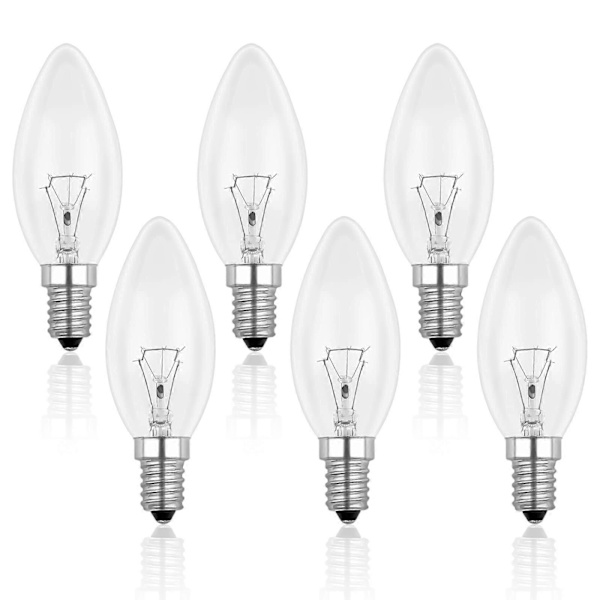 E14 40W Klar Lyspære, Dæmpbar Glødepære, Varmt Hvidt 2700K, 400LM, Flamme Lyspære, E14 Edison Skrue Lyspærer, Pakke med 6