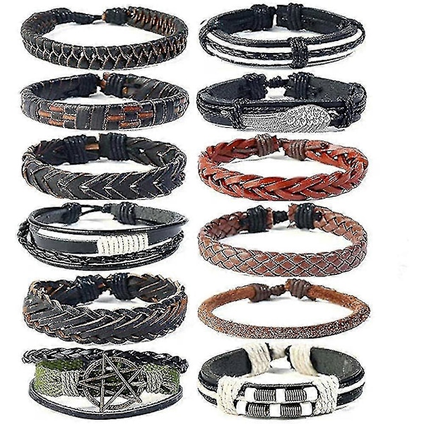 12 stk. Mænds Armbånd Flettet Læder Håndledsrem Punk Reb Armbånd Manschet Vintage Armbånd Wrap Sæt Justerbar Trendy Niuniu