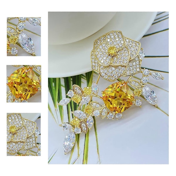Gul Rose Blomster Broscher Smykker til Kvinder Mode Vintage Rhinestone Krystal Brosche Pins
