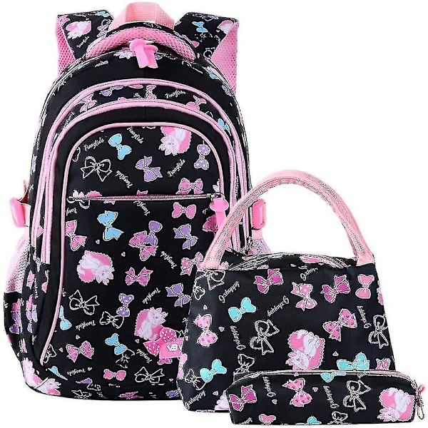 3-piece Set School Bags Girls School Backpack Children's Backpacks Black Middle Lightweight Waterproof With Lunch Bag And Pencil Case