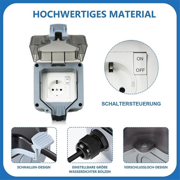 Udendørs Stikkontakt Vandtæt Stikkontakt 1-Vejs Udendørs Stikkontakt IP66 med Afbryderindikatorlys og Hængslet Låg Låsbar EU-Stik