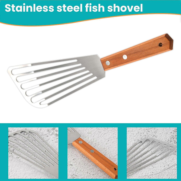 Fiskespatel i rustfritt stål, fiskespatel med trehåndtak, spaltet turner, kjøkkenmetallspatel