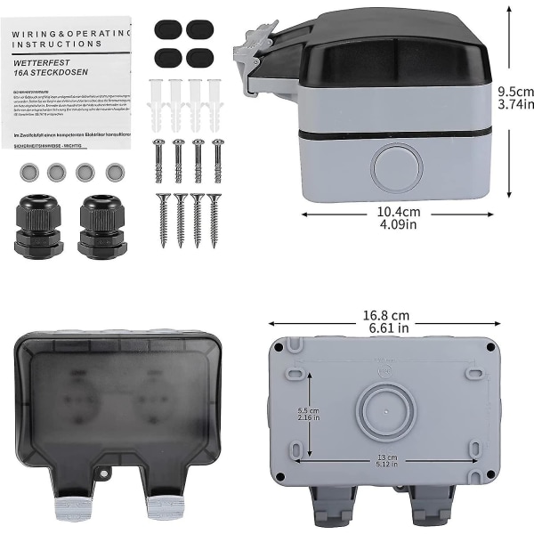 Ulkoinen pistorasia, pinta-asennus, IP66 vedenkestävä, paksu seinäpistorasia kytkimen merkkivalolla, 2 osastoinen ulkoinen 16A puutarhapistorasia