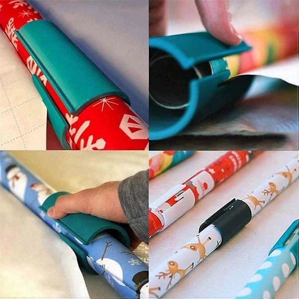Presentpappershjälp rulle - 3 stycken - Vit-Blå-Svart - Presentpapperskutter med rullhållare - Presentpapperskutter