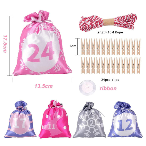 Julekalender Satinpose Sæt Snørepose 1-24 Jule Satin Sæt - Pink