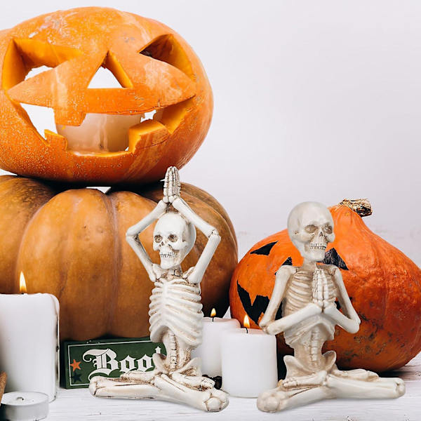3 stk. Yoga Skeletfigurer Resin Mini Skelet Dekoration Halloween Statue til Hjem Soveværelse Kontor Skrivebord Halloween Dekorationer (Hvid)