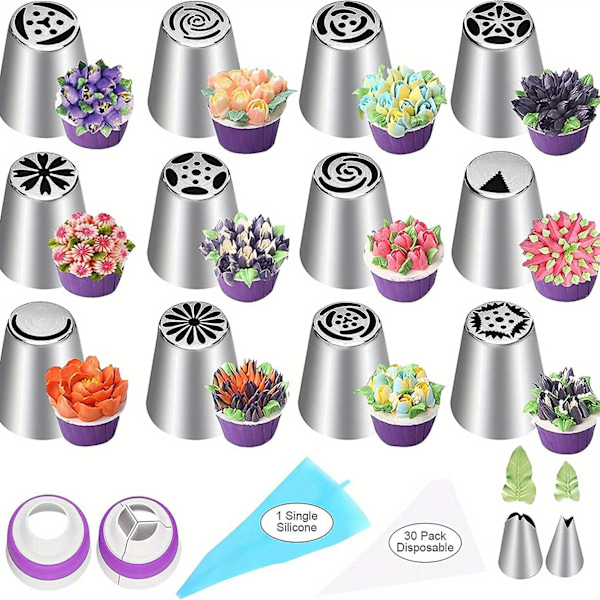 47-delt kakepyntsett, inkludert 12 blomsterformede sprøytetips, 2 bladformede sprøytetips, 2 koblinger og 30 sprøyteposer, for kakedekorering