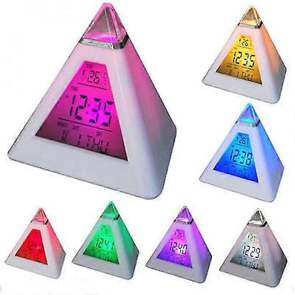 Digitalt LED Vækkeur 7 Farver Skiftende Natlys Tid Temperatur Display Pyramideformet Bordur FT