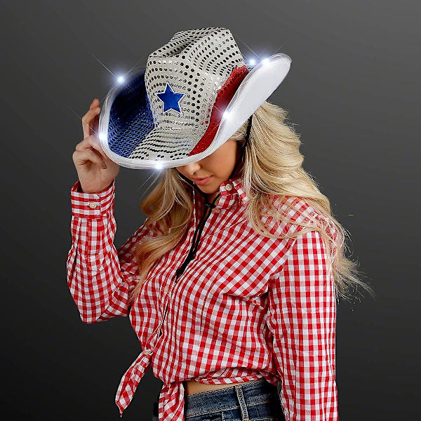 Rød, Hvid og Blå Sequin Lysende LED Cowboyhat med Hvid LED-Kant