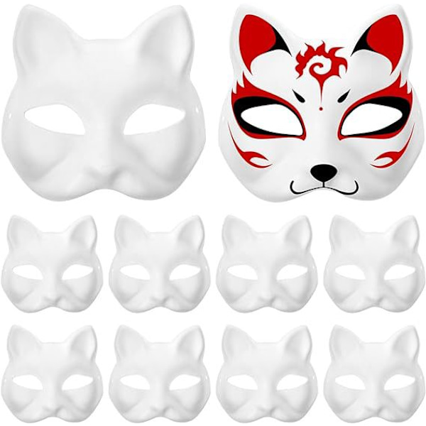 10 st målade kattmasker, djurmasker för utklädning, vita masker att göra själv, halvmasker för maskerad, halloween, barnens cosplaymasker, festtillbehör