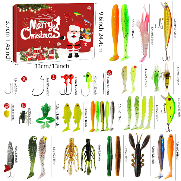 Julkalender för Fiske 2024 - Set med Fiskebeten, Fiskeutrustning för Vuxna Män Pojkar, Fisketillbehör (24 st)