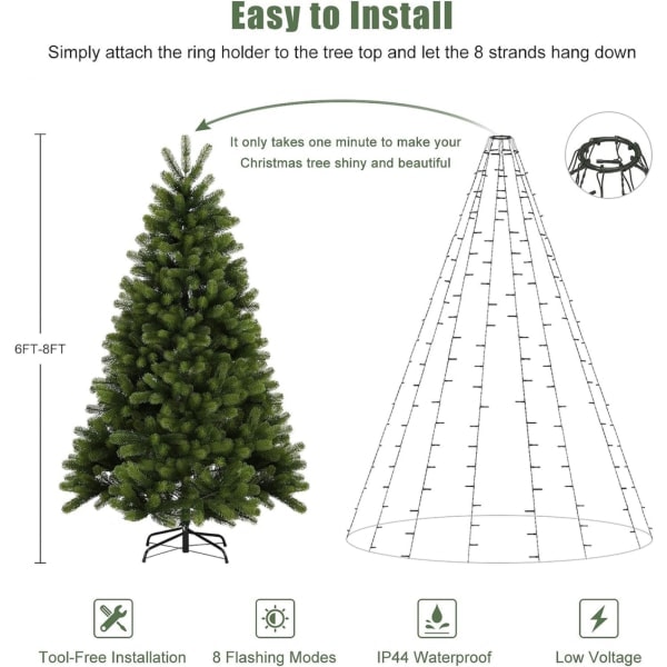 Julgransbelysning 2m * 8 rader, 280 LED-ljusslingor för 1,8-2,4m träd