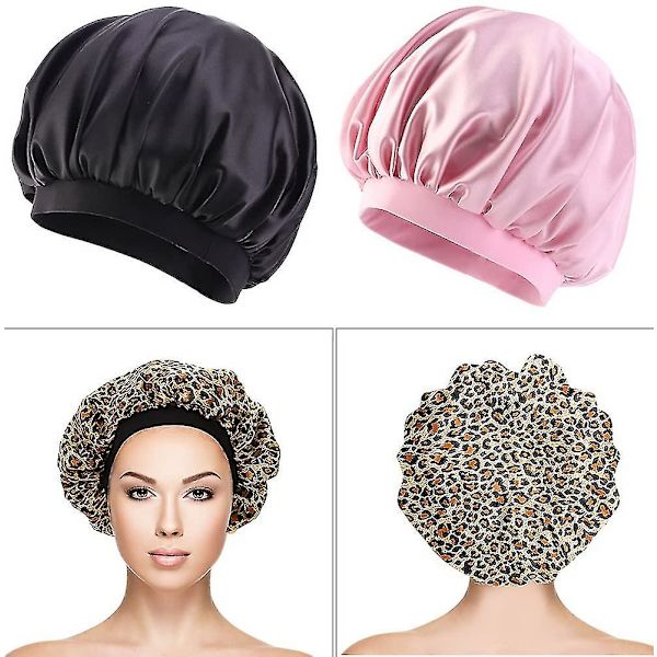 Set med 3 nattmössor i satin, silkesmössa med elastiskt brett band för nattsömn (svart, leopard, rosa)