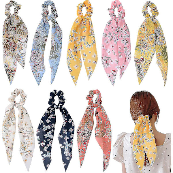 8 stk Elastiske Hårbånd, Båndbue Scrunchies Hestehaleholder Blomsterprik Scrunchy(t-0-g)