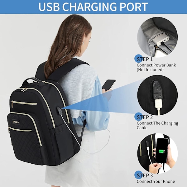 Laptop-ryggsäck - Quiltad reseryggsäck, arbetsryggsäck för lärare med USB-port (15,6 tum svart)