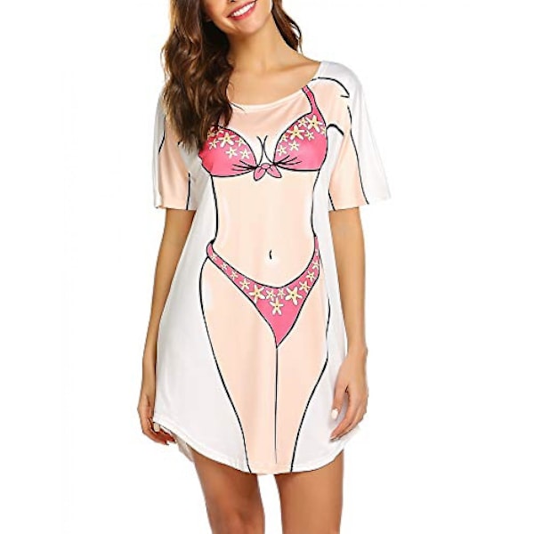 Dametøj Bikini Skjorte Cover Up Kortærmet Sød Bikini Print Cover-up Løstsiddende T-Shirt Kjole Sjov Tøj, A-pink Bikini, S