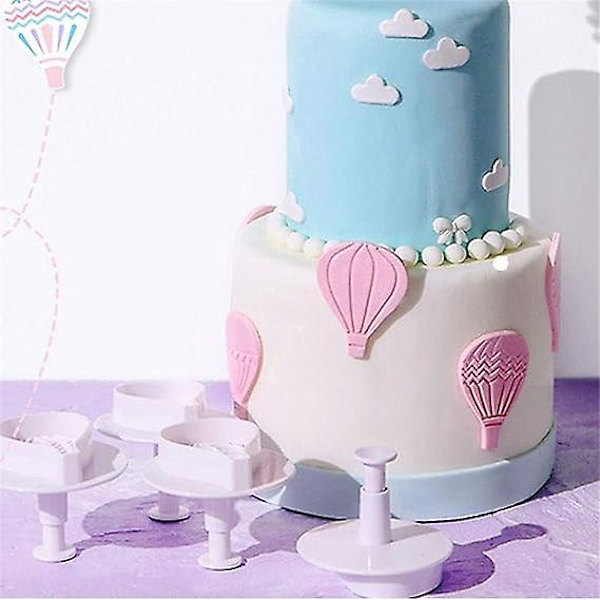 4 kpl Kuumailmapallo Keksi Leikkurit Plunger Leikkuri Eväste Leimat Fondant Muotteja Valkoinen Prässäys Jousen Muotti Painettu Painaa Kuukakku Cupcake Gum P